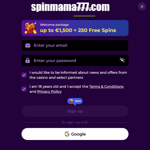 Spinmama – Registrierungsfenster
